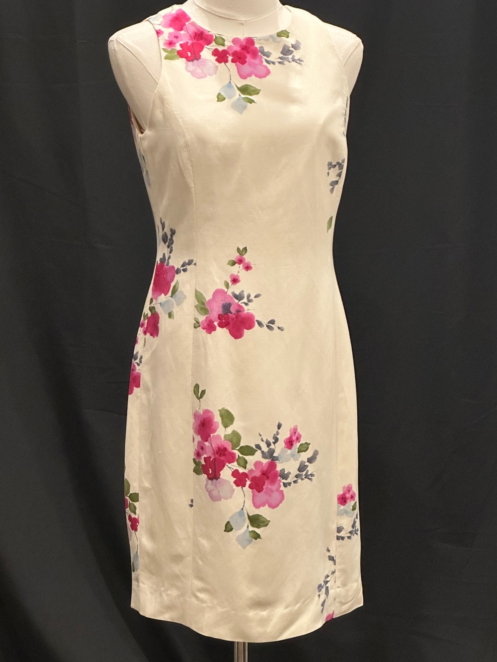 Jones New York Size 6 Off-White Ivory Floral Linen Rayon Sheath Dress - Picture 2 of 9